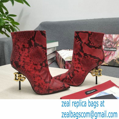 Dolce  &  Gabbana Thin Heel 10.5cm Leather Ankle Boots Snake Print Red with Baroque DG Heel 2021